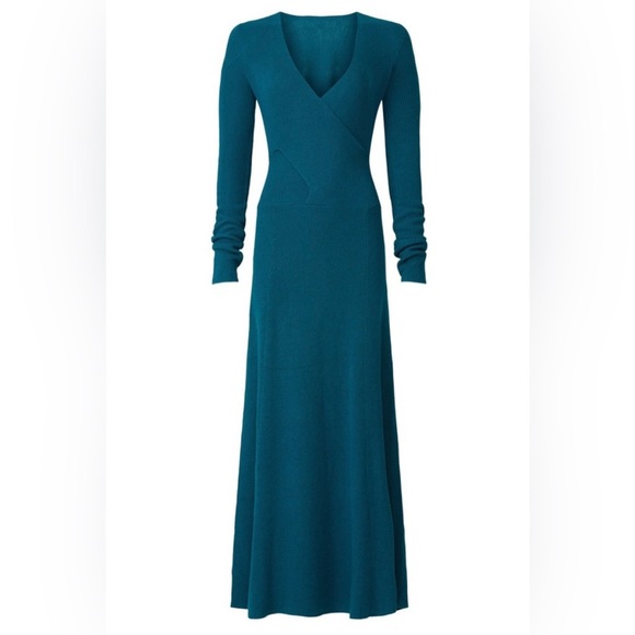 Tome Runway Teal Ribbed Merino Wool V Neck Long Sleeve Maxi Dress Size Medium - Picture 15 of 15